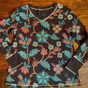 Double D Ranch Floral Embroidered Long Sleeve Top - Brown and Blue